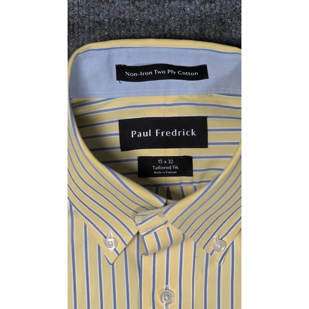 Paul Fredrick men's dress shirt‎ in a yellow base with blue stripe pattern, size